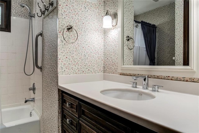 12253 W 104th St, Lenexa, KS 66215 - bathroom with wallpapered walls, shower / bath combo, and vanity
