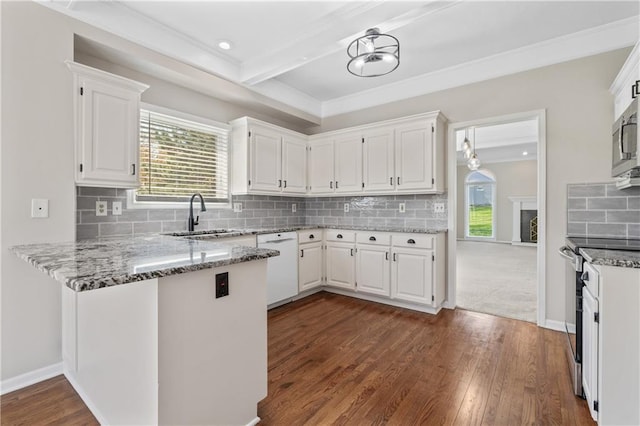 12314 England St, Overland Park, KS 66213 - kitchen featuring white cabinets, a peninsula, stainless steel range with electric cooktop, and white dishwasher