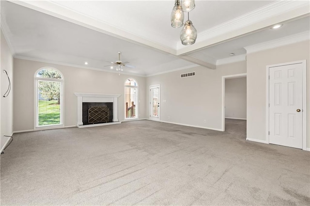 12314 England St, Overland Park, KS 66213 - unfurnished living room with carpet, ornamental molding, visible vents, a ceiling fan, and baseboards