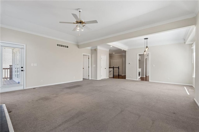 12314 England St, Overland Park, KS 66213 - unfurnished living room featuring crown molding, baseboards, a ceiling fan, and carpet