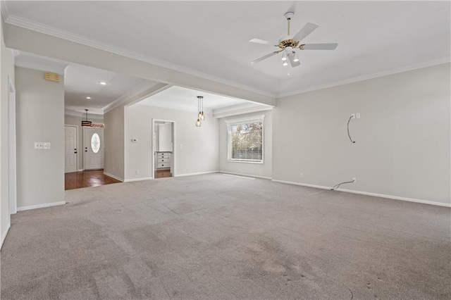 12314 England St, Overland Park, KS 66213 - spare room featuring crown molding, a ceiling fan, recessed lighting, carpet floors, and baseboards