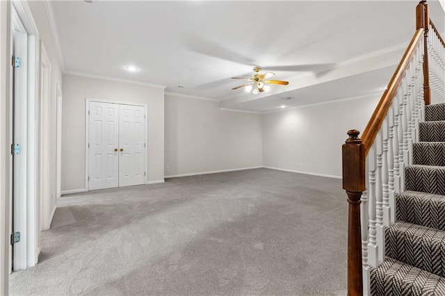 12314 England St, Overland Park, KS 66213 - interior space featuring ceiling fan, carpet, ornamental molding, stairs, and baseboards