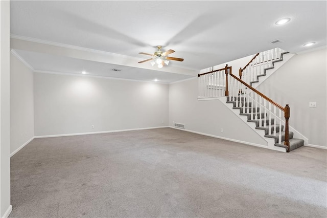 12314 England St, Overland Park, KS 66213 - unfurnished living room with crown molding, a ceiling fan, visible vents, stairway, and baseboards
