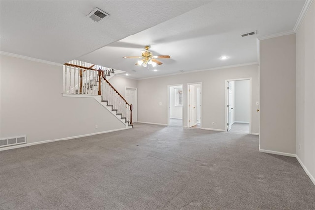 12314 England St, Overland Park, KS 66213 - unfurnished living room with stairs, visible vents, baseboards, and crown molding