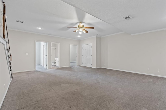 12314 England St, Overland Park, KS 66213 - carpeted empty room with ornamental molding, visible vents, ceiling fan, and baseboards
