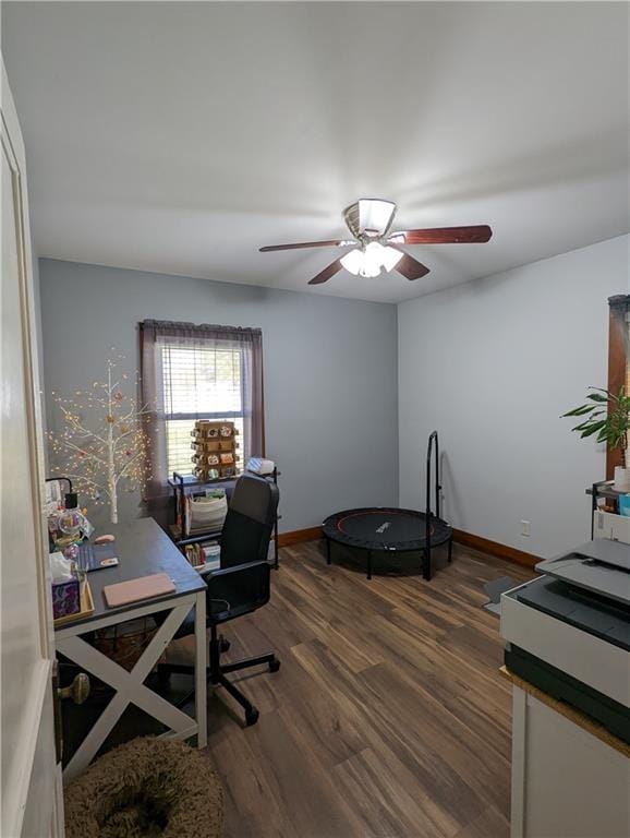 312 Kickapoo St, Hiawatha, KS 66434 - office area with ceiling fan, baseboards, and dark wood-style floors
