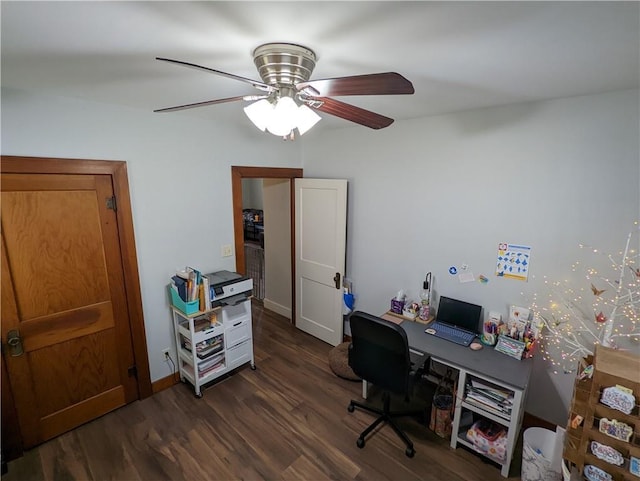 312 Kickapoo St, Hiawatha, KS 66434 - office featuring dark wood finished floors, baseboards, and a ceiling fan