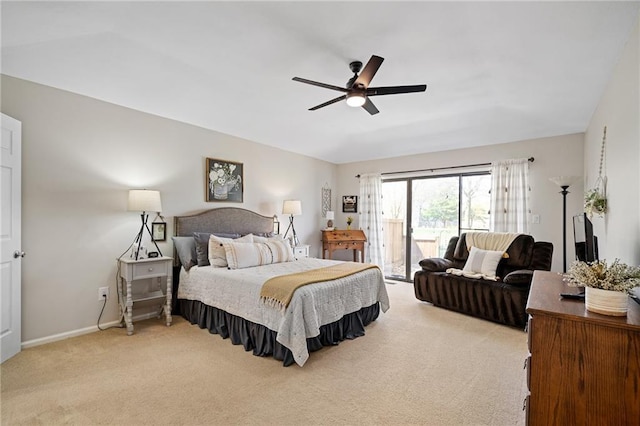 carpeted bedroom with access to outside, ceiling fan, and baseboards