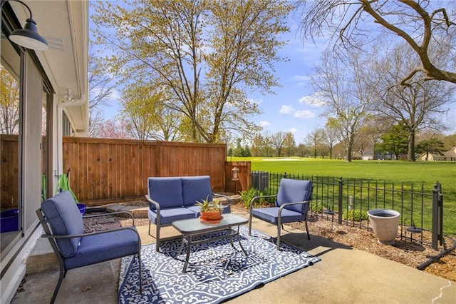 view of patio / terrace with a fenced backyard and an outdoor hangout area