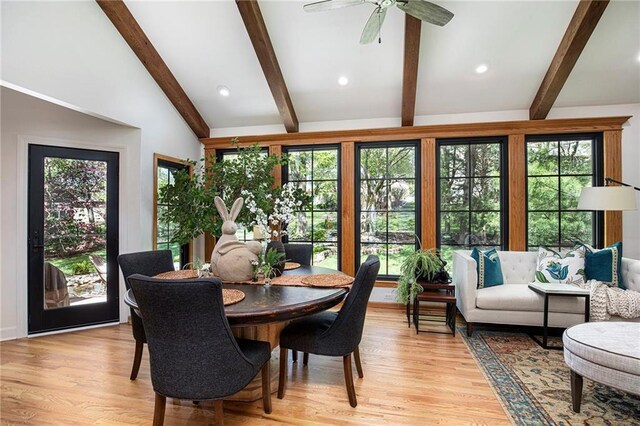 dining room featuring recessed lighting, ceiling fan, vaulted ceiling with beams, and light wood-style flooring