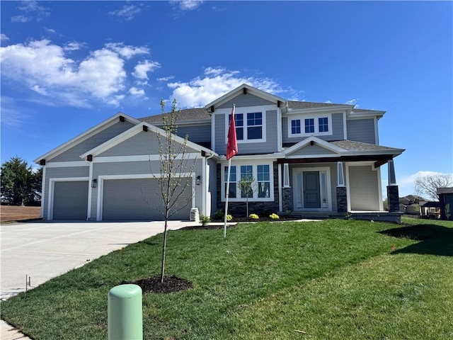 11432 S Langley St, Olathe, KS 66061 - view of front of house with stone siding, a garage, a front lawn, driveway, and roof with shingles