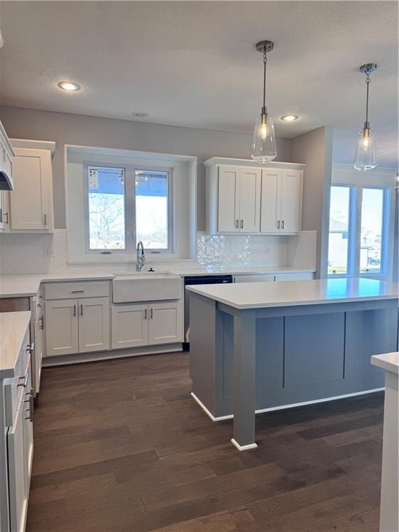 11432 S Langley St, Olathe, KS 66061 - kitchen featuring a sink, light countertops, white cabinetry, and dark wood-style floors
