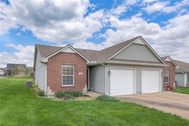 single story home featuring a garage, a front lawn, central AC, brick siding, and concrete driveway