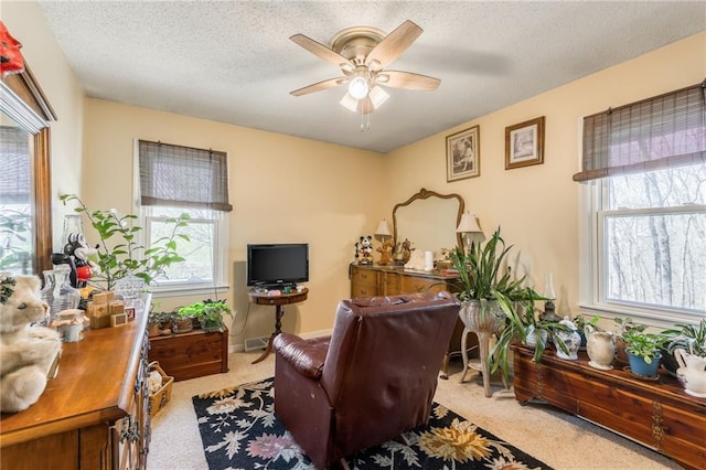 living area with carpet floors, a textured ceiling, a ceiling fan, and a healthy amount of sunlight