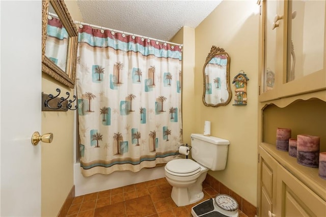 full bathroom featuring toilet, a textured ceiling, shower / bathtub combination with curtain, and tile patterned flooring