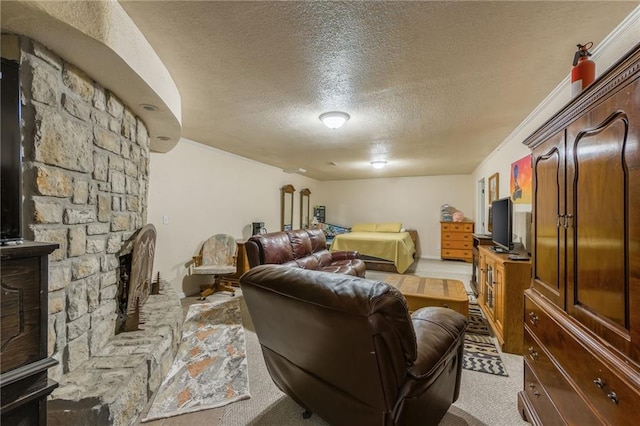 carpeted living area featuring a textured ceiling