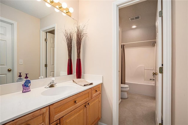 bathroom featuring toilet, visible vents, shower / bath combo, and vanity