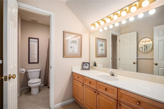 full bathroom featuring vanity, toilet, baseboards, a textured ceiling, and vaulted ceiling
