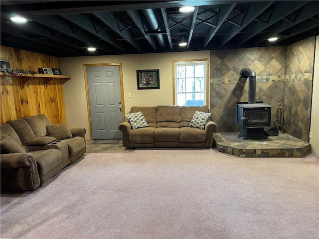 12301 S Stubbs Rd, Overbrook, KS 66524 - carpeted living area featuring a wood stove