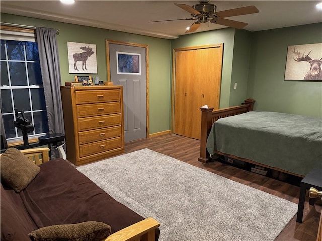 12301 S Stubbs Rd, Overbrook, KS 66524 - bedroom featuring wood finished floors, recessed lighting, a ceiling fan, and a closet