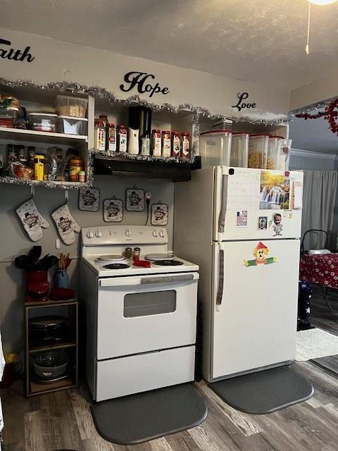 kitchen with wood finished floors and white appliances