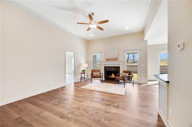 9435 N Belton Ave, Kansas City, MO 64154 - living area with crown molding, wood finished floors, baseboards, ceiling fan, and a warm lit fireplace