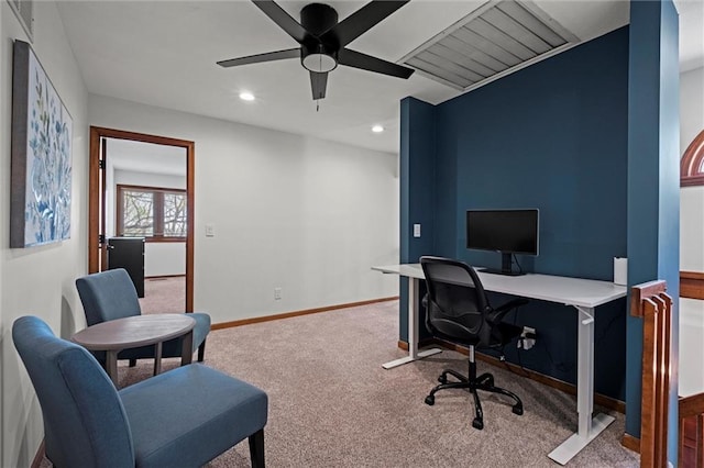 office space with carpet floors, a ceiling fan, baseboards, and recessed lighting