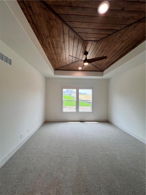 16372 Spring Valley St, Gardner, KS 66030 - unfurnished room with wooden ceiling, a tray ceiling, a ceiling fan, and light carpet