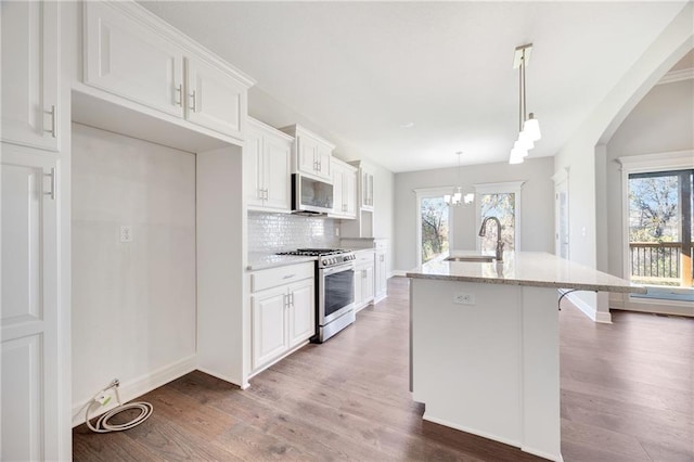 9335 N Belton Ave, Kansas City, MO 64154 - kitchen featuring a notable chandelier, appliances with stainless steel finishes, a sink, plenty of natural light, and wood finished floors