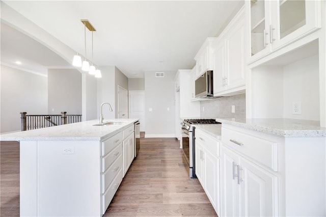 9335 N Belton Ave, Kansas City, MO 64154 - kitchen with white cabinets, a sink, stainless steel appliances, wood finished floors, and glass insert cabinets