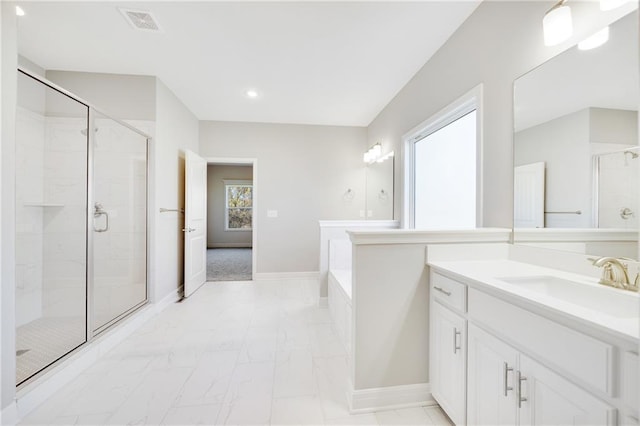 9335 N Belton Ave, Kansas City, MO 64154 - full bathroom featuring vanity, recessed lighting, baseboards, a shower stall, and visible vents