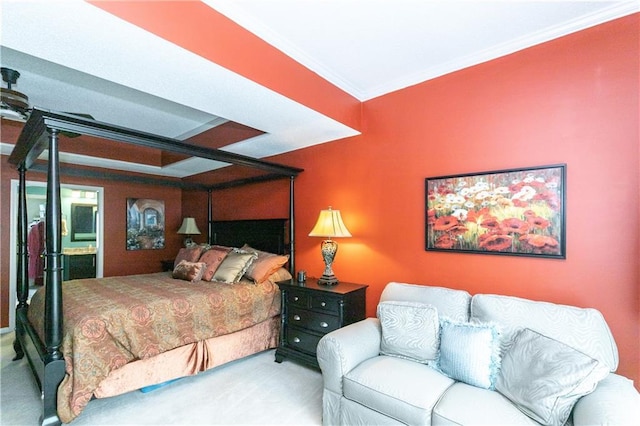bedroom featuring crown molding and carpet floors