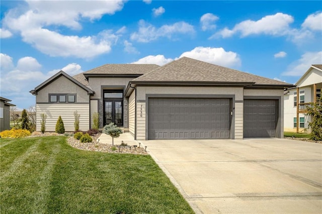 7530 N Gower Ave, Kansas City, MO 64151 - view of front of property with a front yard, a shingled roof, an attached garage, concrete driveway, and stucco siding