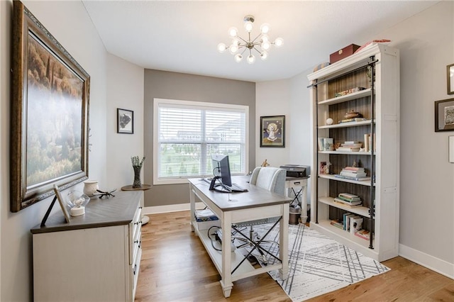 7530 N Gower Ave, Kansas City, MO 64151 - office area featuring baseboards, light wood finished floors, and a notable chandelier