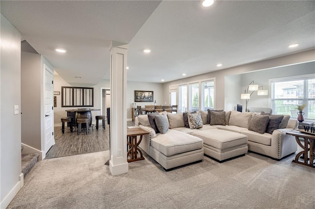 7530 N Gower Ave, Kansas City, MO 64151 - living area featuring baseboards, recessed lighting, and carpet