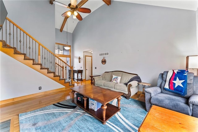 8110 NE 72nd Ter, Kansas City, MO 64158 - living area with a ceiling fan, stairs, visible vents, high vaulted ceiling, and wood finished floors