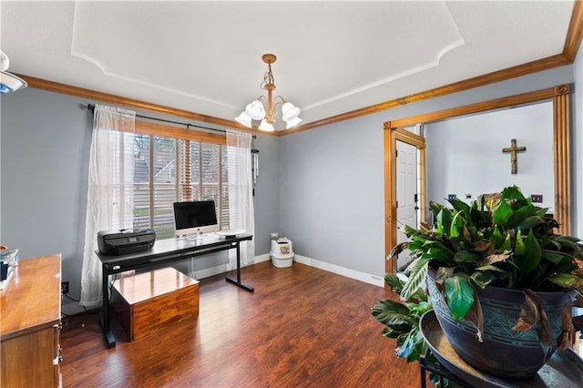 8110 NE 72nd Ter, Kansas City, MO 64158 - home office with baseboards, a notable chandelier, ornamental molding, a tray ceiling, and wood finished floors