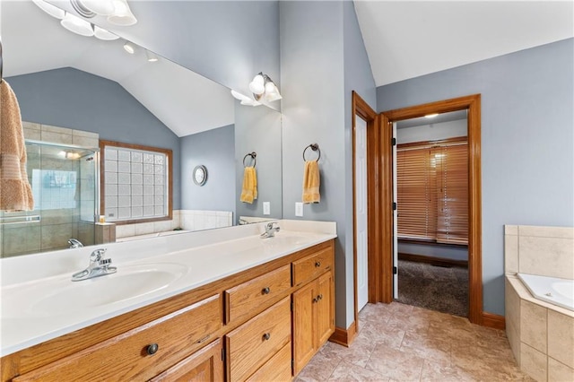 8110 NE 72nd Ter, Kansas City, MO 64158 - full bathroom featuring a sink, a shower stall, and lofted ceiling