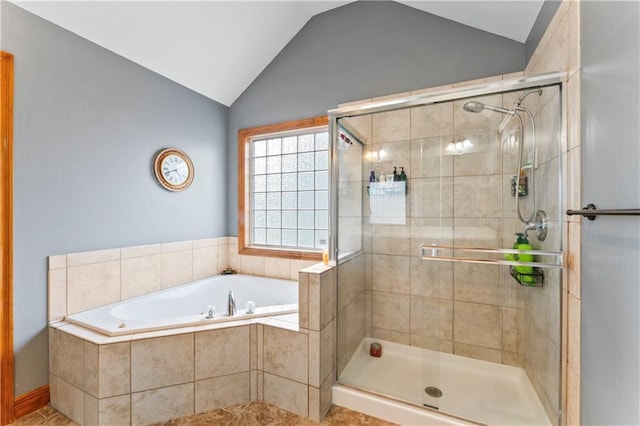 8110 NE 72nd Ter, Kansas City, MO 64158 - full bathroom with a bath, a stall shower, and lofted ceiling