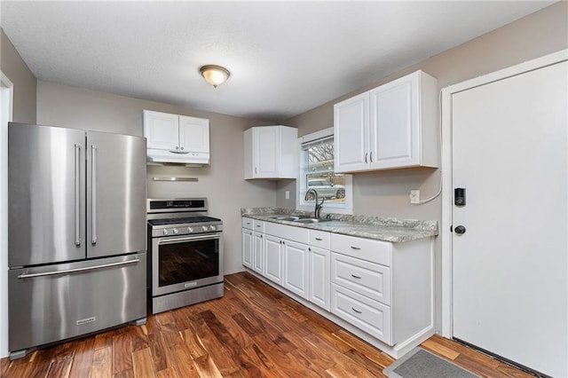 kitchen with a sink, appliances with stainless steel finishes, dark wood-style floors, under cabinet range hood, and white cabinetry