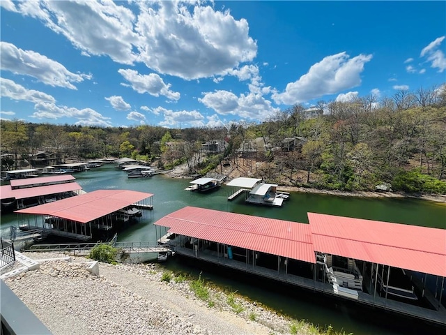 dock area featuring a water view and a view of trees