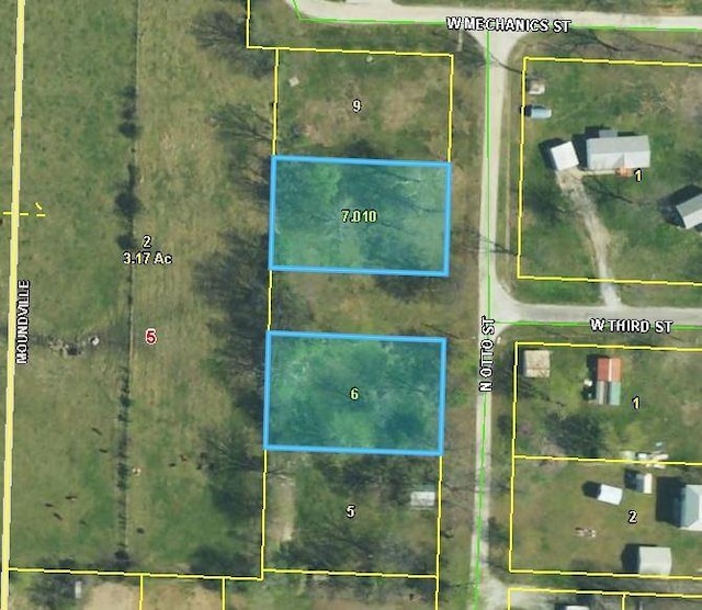 229 N Otto St, Moundville, MO 64771 - aerial map of property and surrounding area with property boundaries highlighted