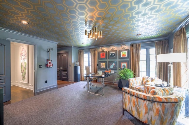 home office with crown molding, baseboards, and an ornate ceiling