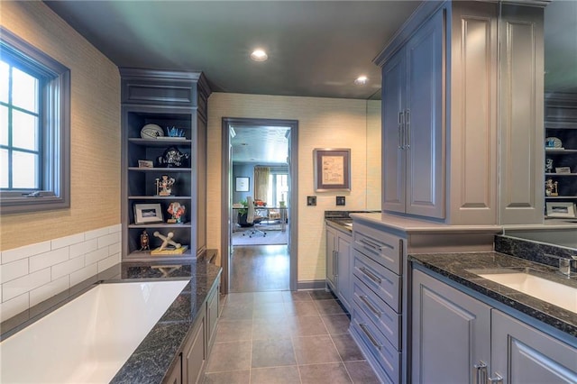 full bathroom featuring recessed lighting, tile patterned flooring, and vanity