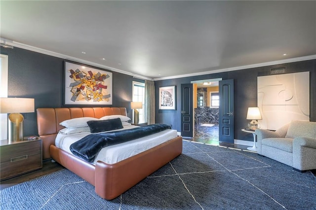 bedroom with crown molding, recessed lighting, baseboards, and visible vents