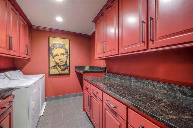 laundry room with washing machine and dryer, baseboards, recessed lighting, tile patterned floors, and cabinet space