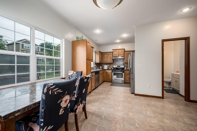 1210 Barnett Ave, Kansas City, KS 66102 - kitchen featuring stainless steel appliances, under cabinet range hood, a sink, baseboards, and decorative backsplash