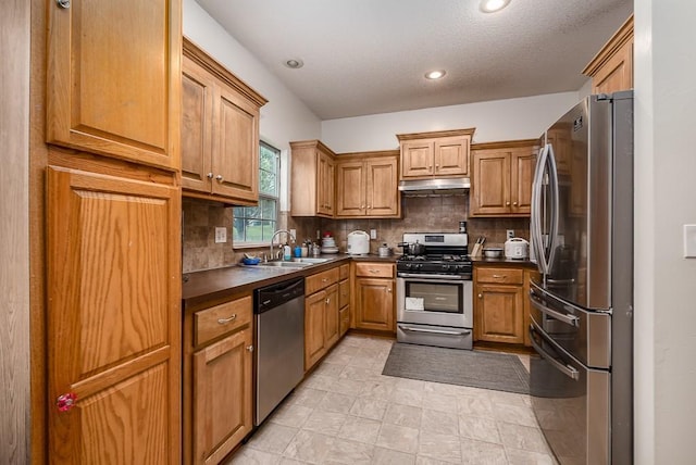 1210 Barnett Ave, Kansas City, KS 66102 - kitchen with appliances with stainless steel finishes, a sink, under cabinet range hood, dark countertops, and decorative backsplash