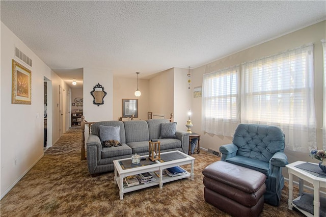 living area with a textured ceiling and carpet