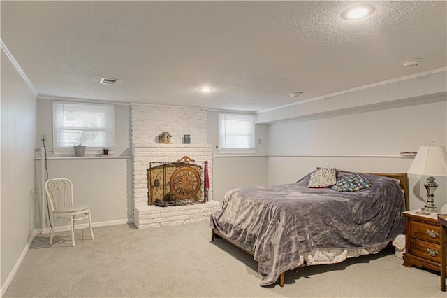 13605 W 48th St, Shawnee, KS 66216 - carpeted bedroom featuring crown molding, a textured ceiling, and wood walls